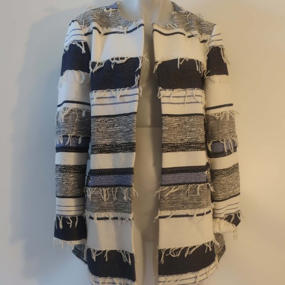 Womens Zara Basic Rustic Blue White Fringe Open Mid-Length Jacket L * - Picture 6 of 13